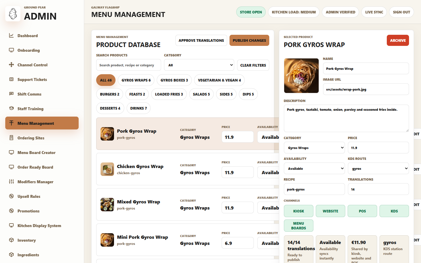 Ground Pear admin showing product database and menu controls
