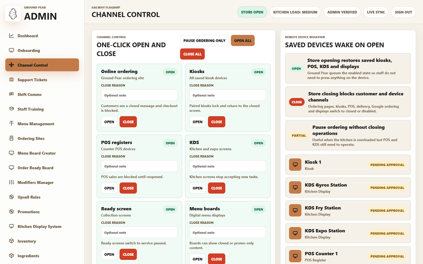 Ground Pear admin showing one-click channel open and close controls
