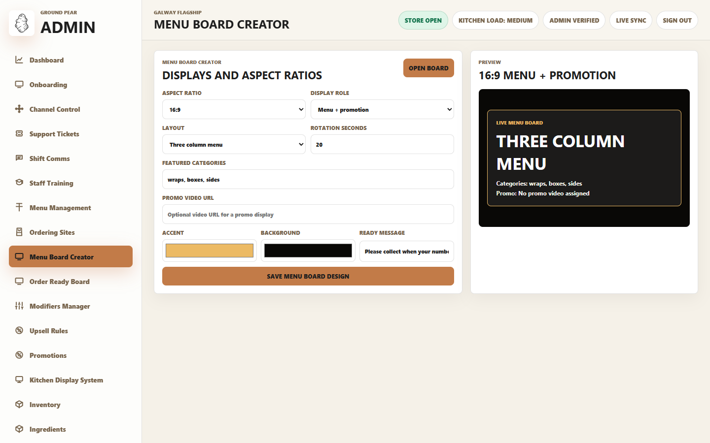 Ground Pear menu board creator with aspect ratio, display role and promotion controls